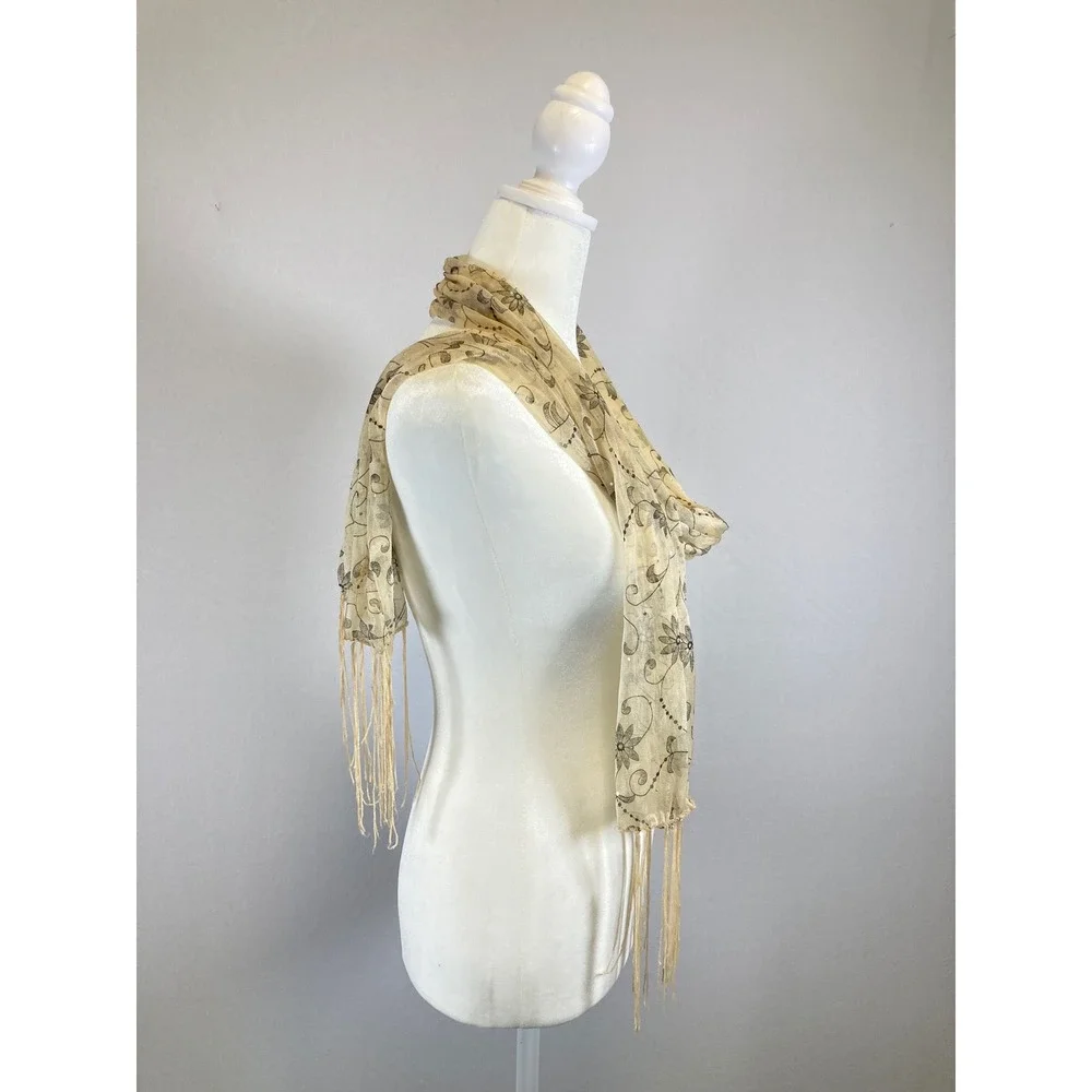 Boho‎ Romantic Unbranded Womens OS Cream Black Floral Sheer Fringed Sequin Scarf
